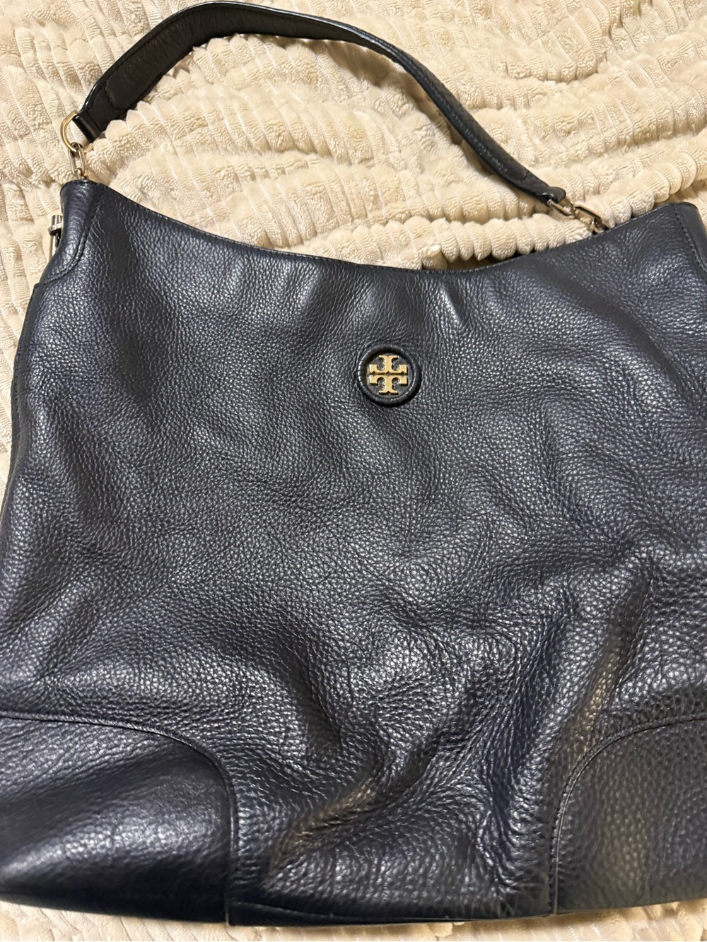 Tory Burch Black Pebbled Leather Hobo with Gold Logo